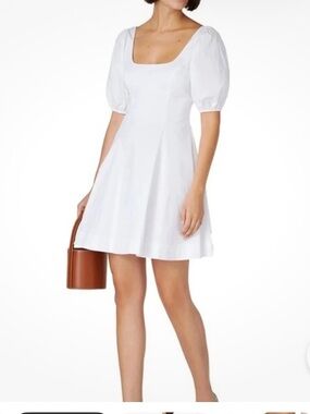 STAUD White Square-Neck Puff-Sleeve Mini Dress